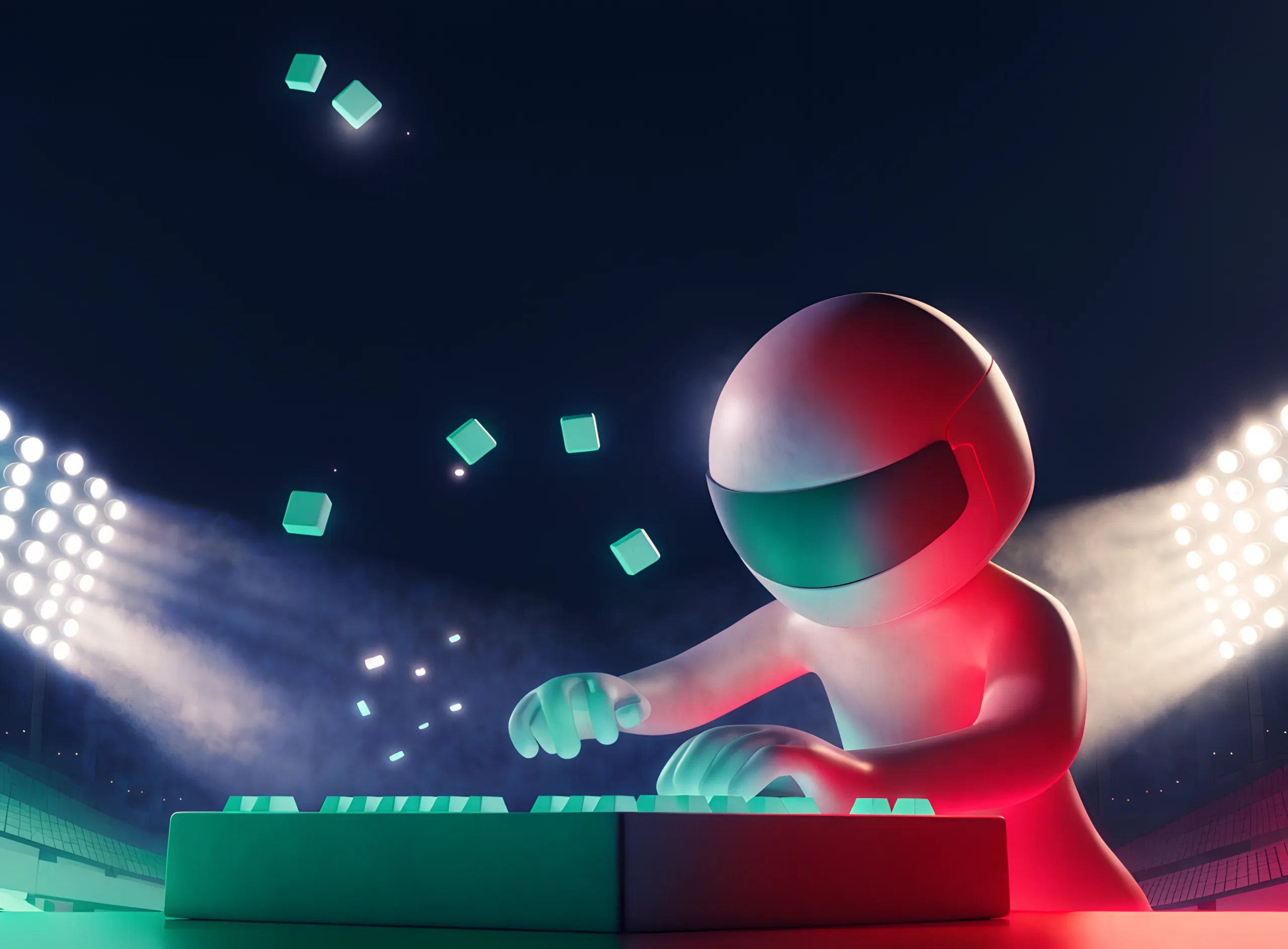 A helmeted player types on a glowing keyboard, keycaps lifting off in sparks.