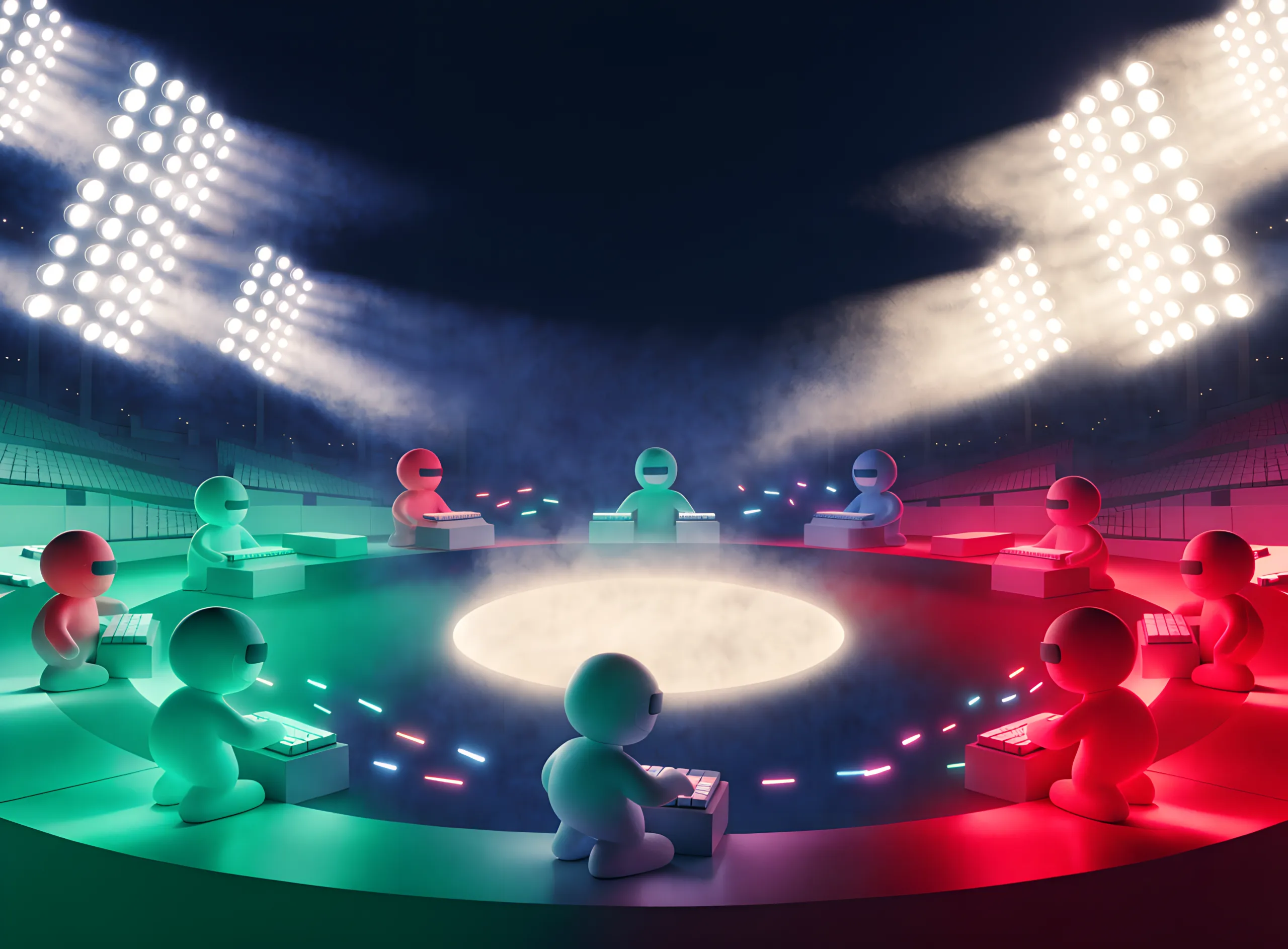 A ring of helmeted players at their keyboards, light streaks crossing the arena.